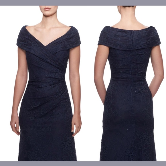 NEW La Femme [ 8 ] Portrait Neck Sparkle Lace Gown‎ in Navy Blue - Picture 2 of 12